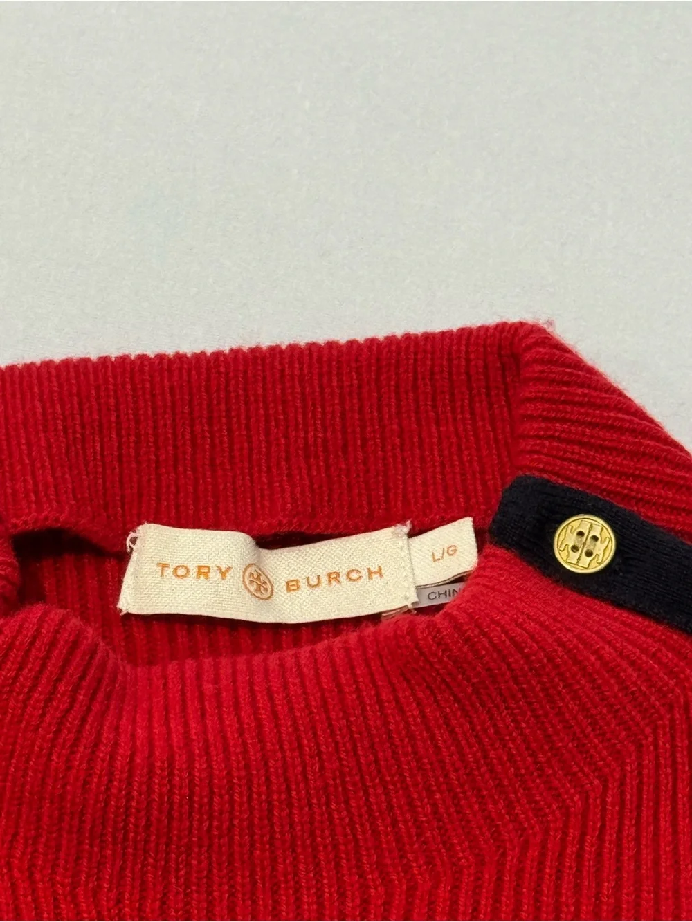 Tory Burch Sardy Merino Wool Sweater Dress Red Navy Gold Buttons L